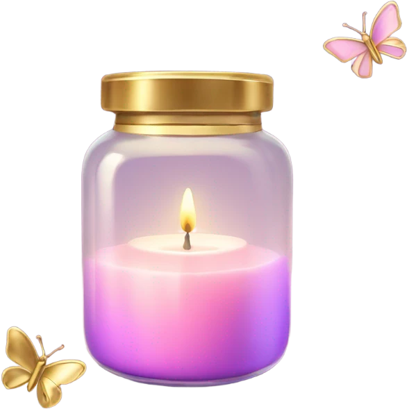 A glowing pastel pink candle in a glass jar with gold accents, next to a violet butterfly. emoji