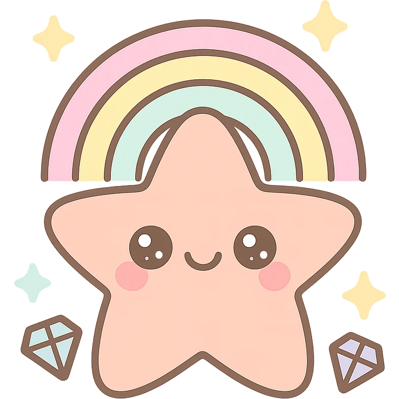 kawaii sea star, rainbow pastel, sparkling jewels, blushing cheeks, cute smile emoji