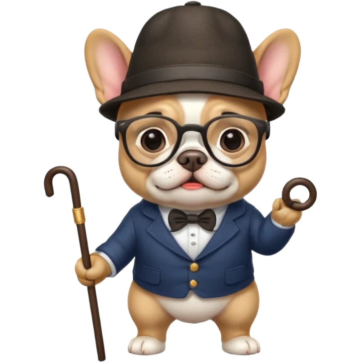 сделай французкого бульдога в очках и шляпе и с тросточкой emoji