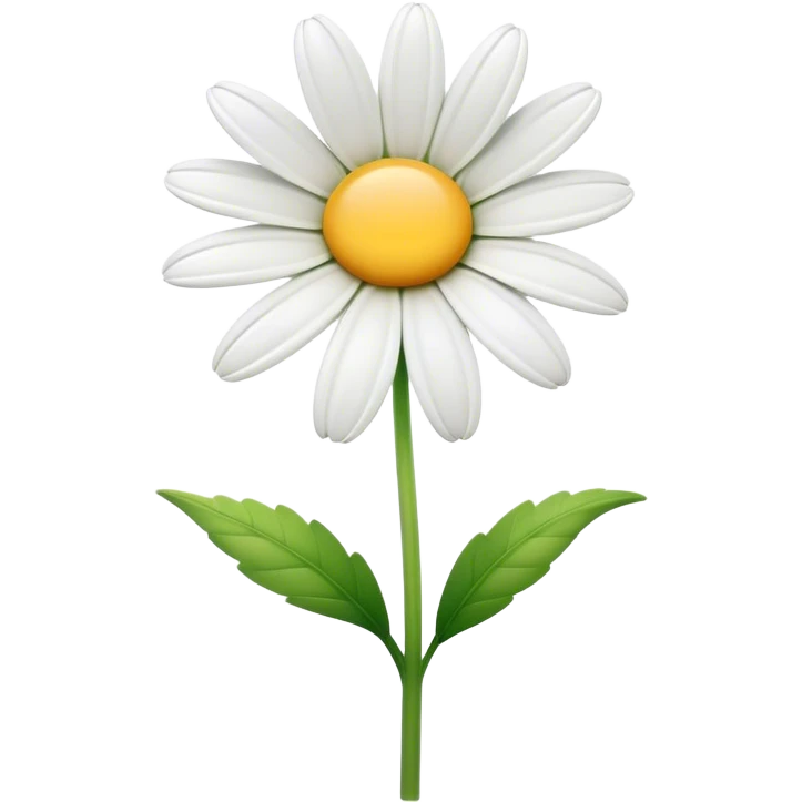 Cinematic Realistic Daisy Emoji, Cheerful and pure, with bright white petals surrounding a sunny yellow center, standing proudly atop a slender green stem. The soft, vibrant petals seem to radiate positivity, while a few green leaves frame the delicate flower. Soft glowing outline, capturing the essence of simplicity, innocence, and happiness in a single daisy. emoji