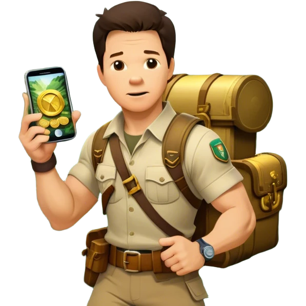 Icon for Adventure Movie: A vintage movie poster-style design featuring Mark Wahlberg in a jungle with a treasure map, wearing explorer gear. Include ancient ruins, treasure piles, and jungle foliage in the background. Exciting and adventurous cinematic feel. Transparent background. emoji