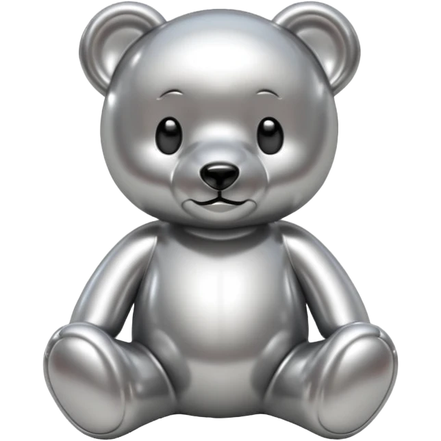 A cute teddy bear emoji made of liquid silver chrome, smooth rounded body, glossy metallic surface, soft reflections, friendly proportions, iOS emoji style, centered, clean white background emoji
