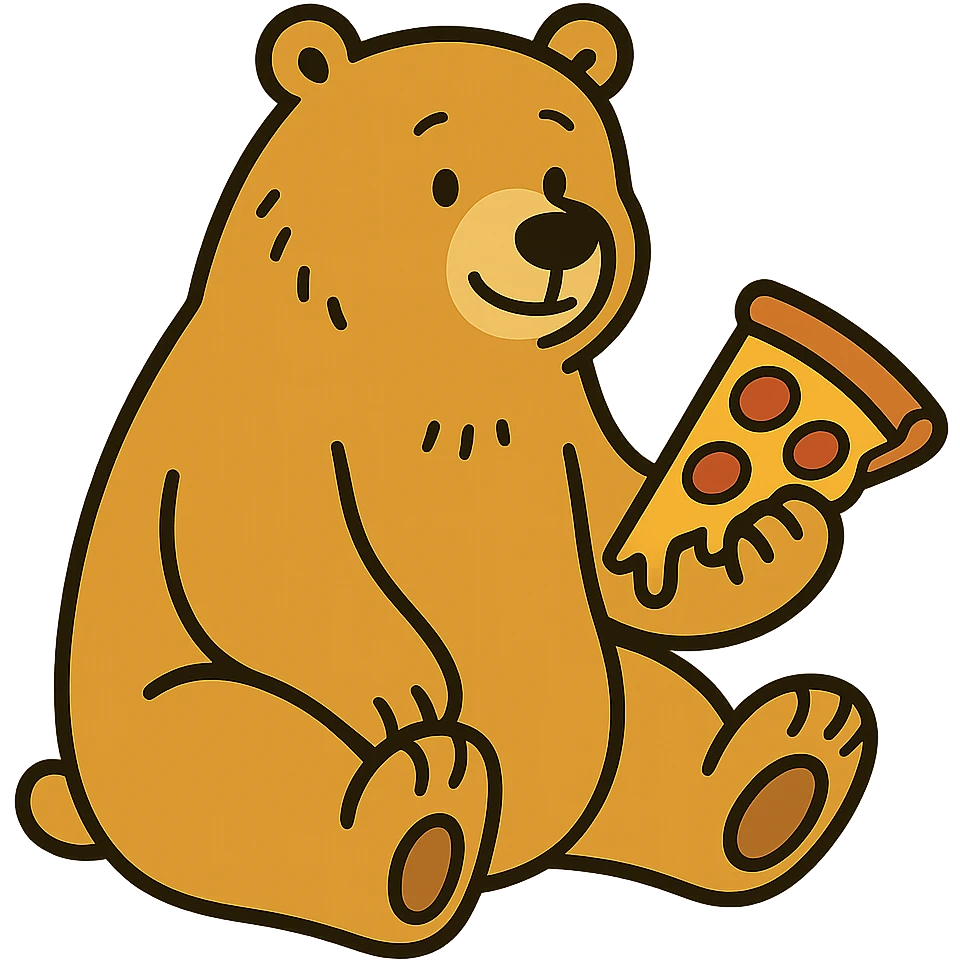 flat toon style blonde grizzly bear sitting, full body, holding a slice of cheese pizza emoji