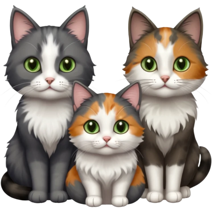 3 different coloured small cats including a dark grey and white, and a patchy calicowith hazel eyes  and a completely solid dark grey with green eyes and only white paws emoji