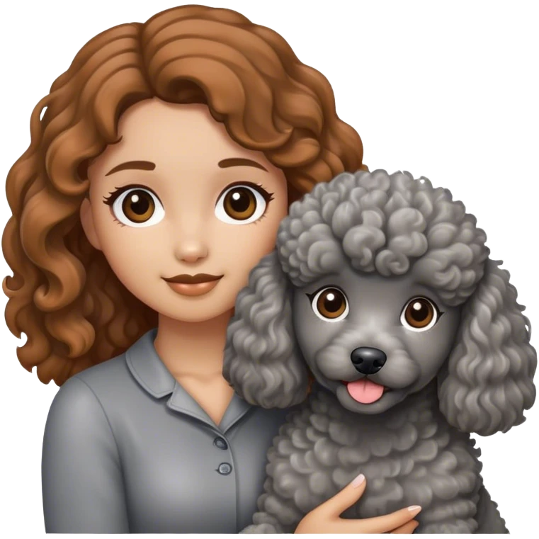 A girl with caramel brown hair holding a grey poodle emoji