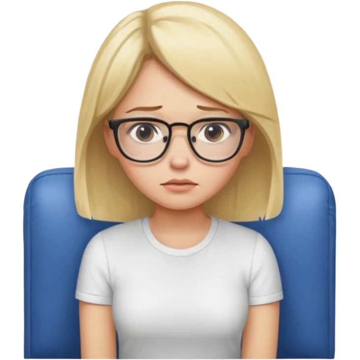 A young blond woman with glasses sittingvon the couch and having the blues emoji