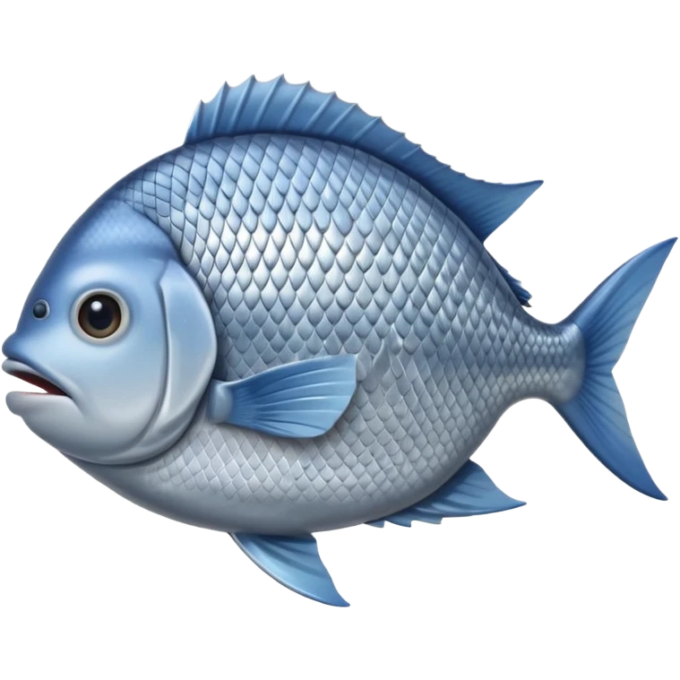 whole sea bream fish, slightly arched, shiny silver scales, blue-grey top, pale belly, visible eye, fins, tail, mouth closed, fresh and firm, no plate or garnish, clean 3D, soft shadows, transparent background, emoji scale emoji