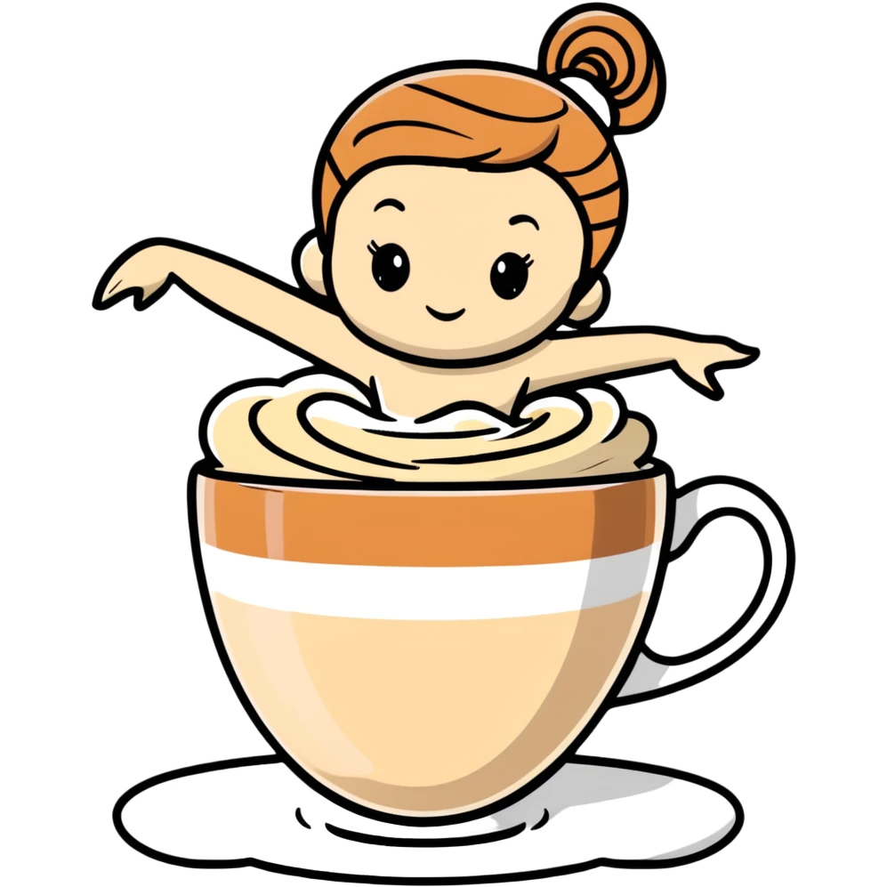 Cute ballerina dancing on top of a cappuccino cup, with cream and cinnamon swirls emoji