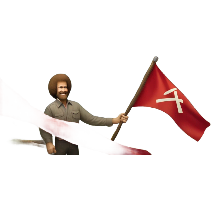 bob ross painting with a background of a hammer and sickle red flag emoji