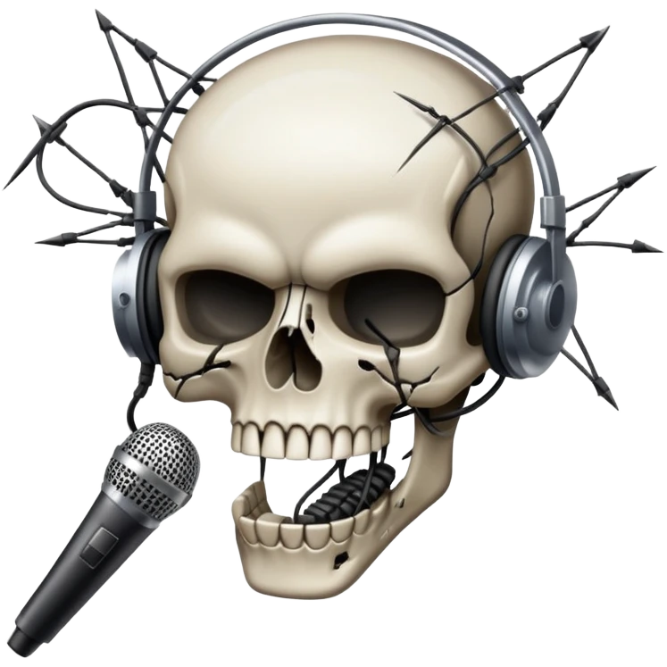 A transparent PNG emoji of a broken microphone with a skull cracked into the side and wires sparking. Looks like someone rage-quit VC. Gritty and dark. emoji