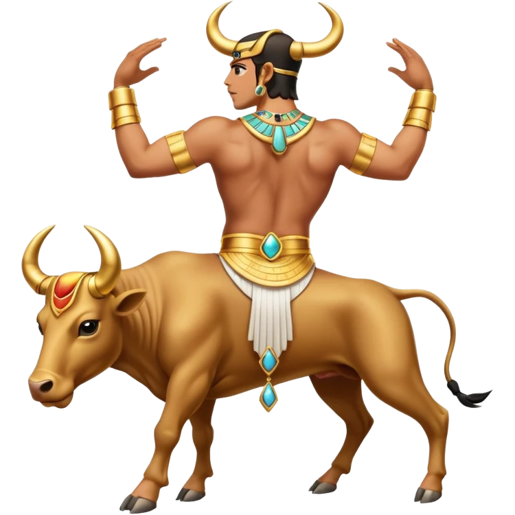 fullbody Egyptian human bull leaper, back view, in 'are you entertained' pose, with gold jewelry emoji