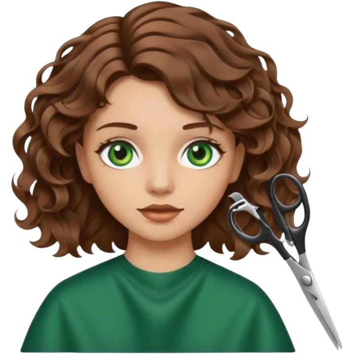 Girl with green eyes and brown wavy hair getting haircut with scissors emoji