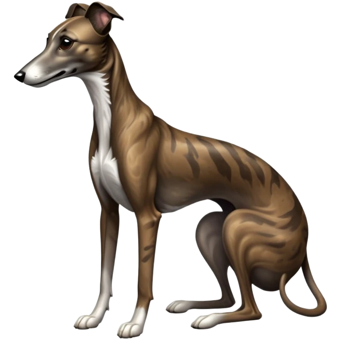 cinematic-[brindle greyhound]-realistic-full-body-sitting-emoji,-tail-resting-loosely-beside-its-paws,-head-tilted-dramatically, -sleek-[dark brindle]-fur,-simplified-yet-realistic-focused-features,-highly-detailed,-glowing-with-an-almost-sarcastic-glow emoji