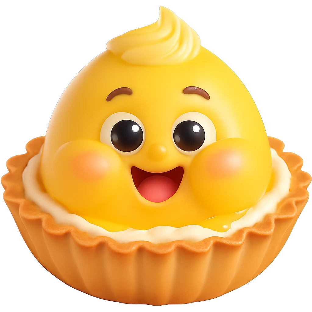 Make the cheeks even chubbier while keeping the cute 3D kawaii egg tart character style with a golden crispy tart shell, jiggly custard face, big watery eyes, expressive cartoon mouth, pastel color palette, comical exaggerated emotion, soft lighting, and glossy textures. Maintain transparent background and no text. emoji