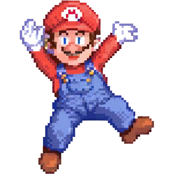 Mario jumping, pixel art style, red hat, blue overalls, energetic pose emoji