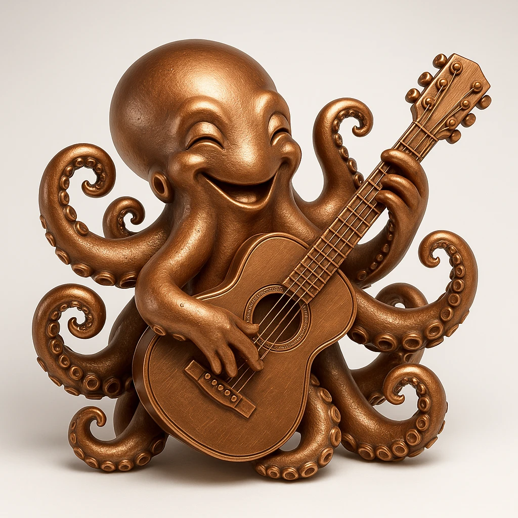 happy octopus with multiple arms playing guitar emoji