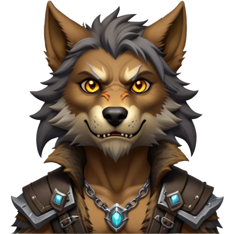Cinematic Realistic WoW Worgen Portrait, head tilted epicly and inquisitively, showcasing the striking fusion of human intellect and beastly ferocity. His rugged fur and tanned skin, accented by piercing amber eyes and meticulously rendered worn leather garments, are bathed in dynamic lighting, high shine, epic and awe-inspiring, capturing the relentless spirit of a worgen at the apex of his power. emoji