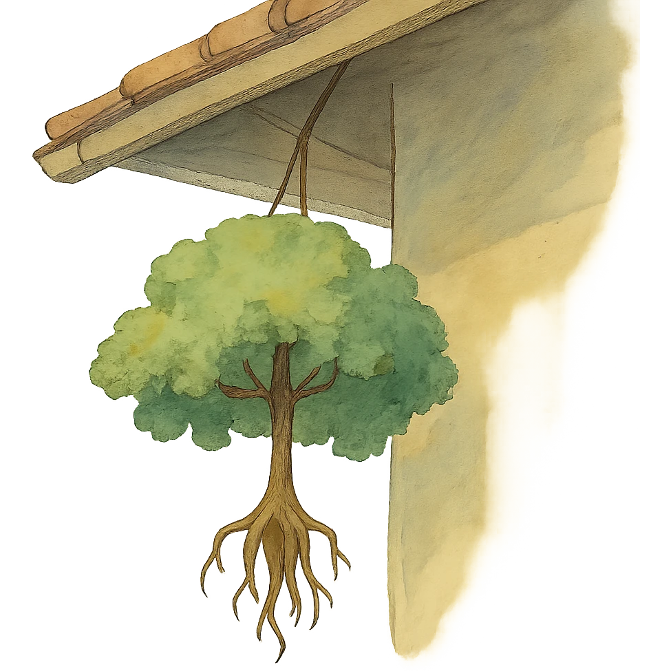 ghibli style illustration of a tree hanging from a roof, soft colors, whimsical emoji