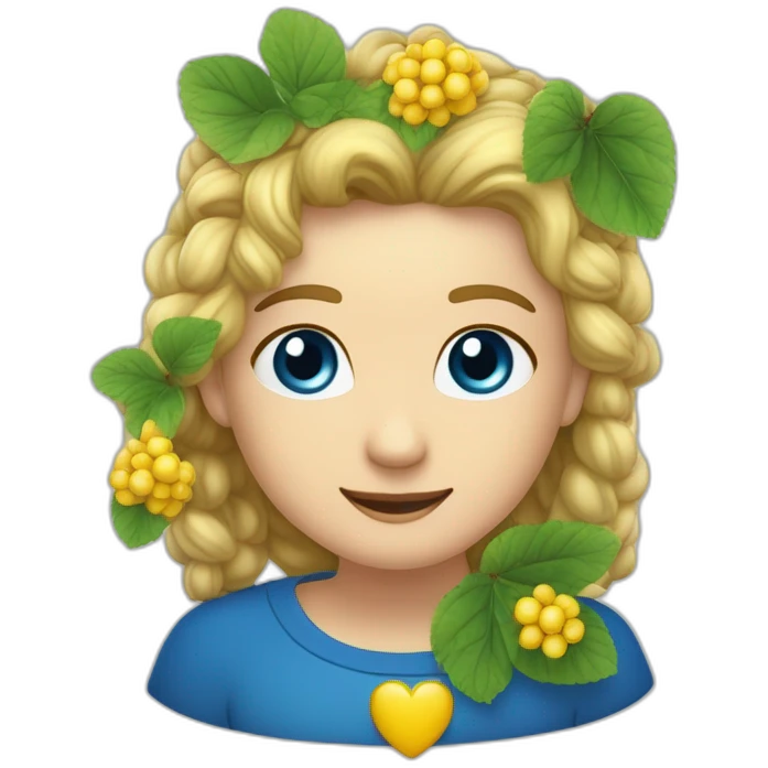 Ein gelbes Herz in einem blauen Kranz lächelt und hält einen Viburnum in seinen Händen emoji