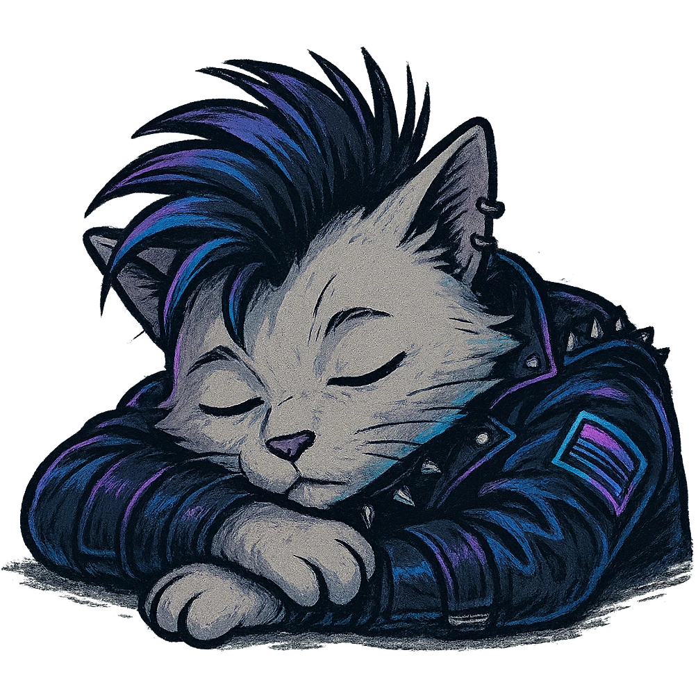  a anthro cat laying down his head to nap, punk gothic style, futuristic cyberwave cyberpunk, resting his head on his arms, head tilted sideways, light gray cata emoji