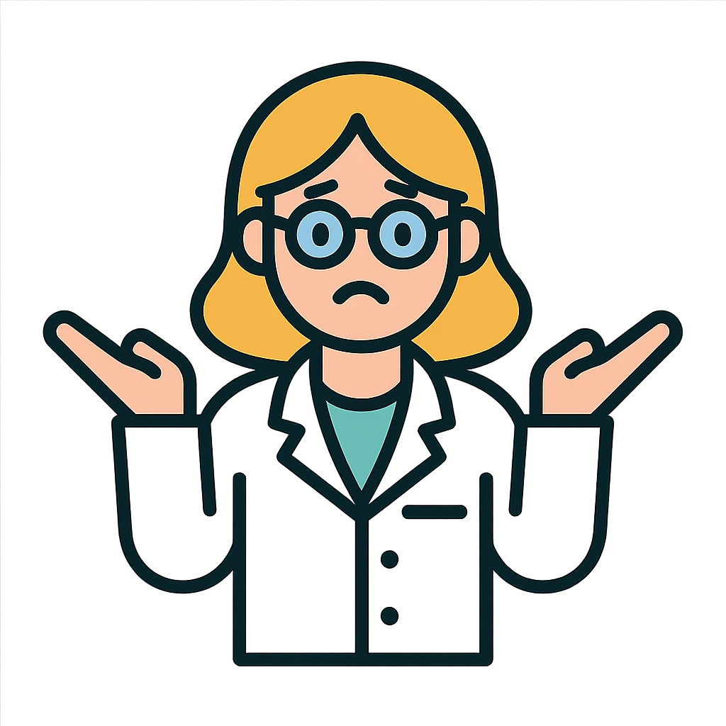 scientist woman shrugging, clear lab coat, expressive face, simple background, modern icon style emoji