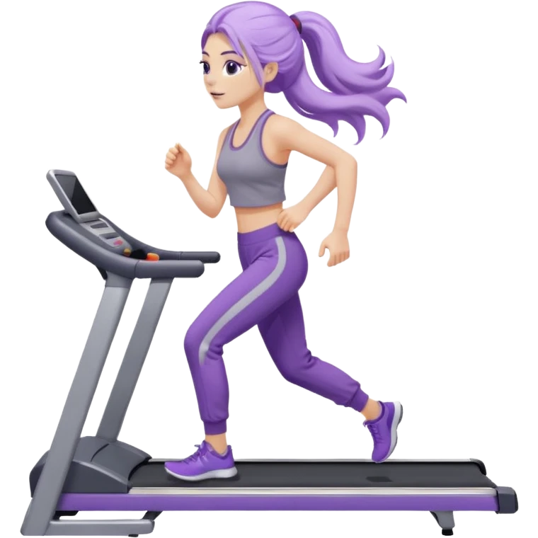 Девушка белокожая на беговой дорожке, с длинными светло-лиловыми волосами, в лиловом топе, в серых спортивных штанах, с черными ресницами emoji