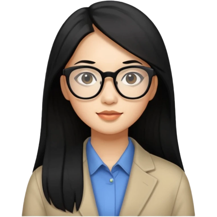 30 yr old asian woman, straight thick long black hair, big black glasses, side part emoji