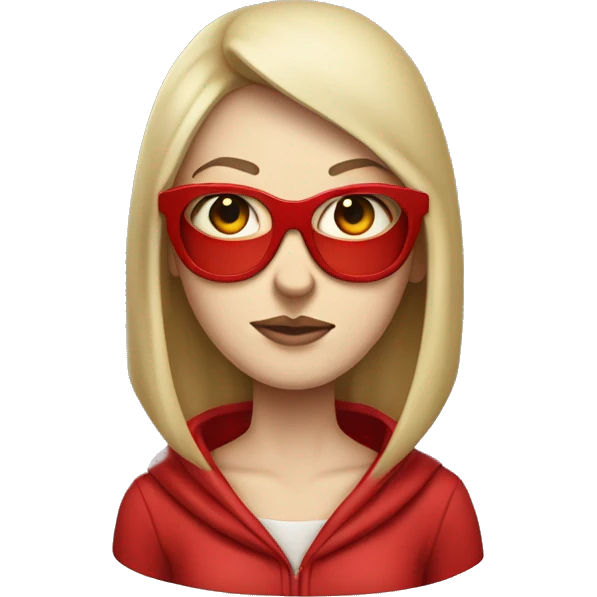 pale skinned woman in a red hoodie long-neck covering most of the face, wearing glasses, soy una fashion victim evidentemente emoji