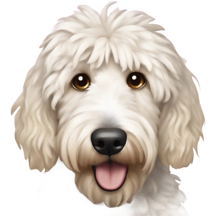 Shaggy large White Goldendoodle with Mohawk and  with tan on ears eating birthday cake  emoji