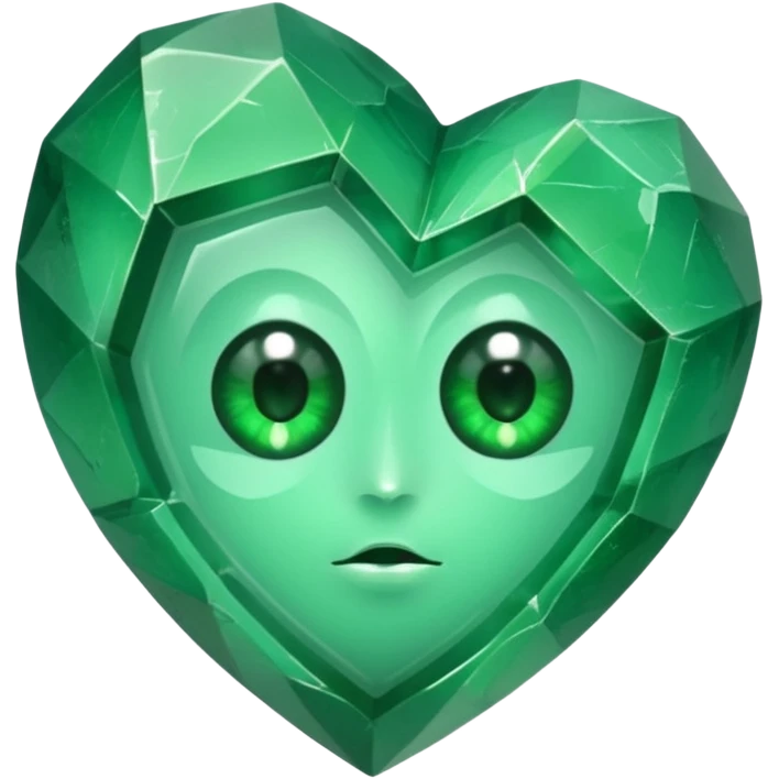 very sharp green gem mineral , multiple irregular chunks, very shiny with two eyes and heart shaped emoji