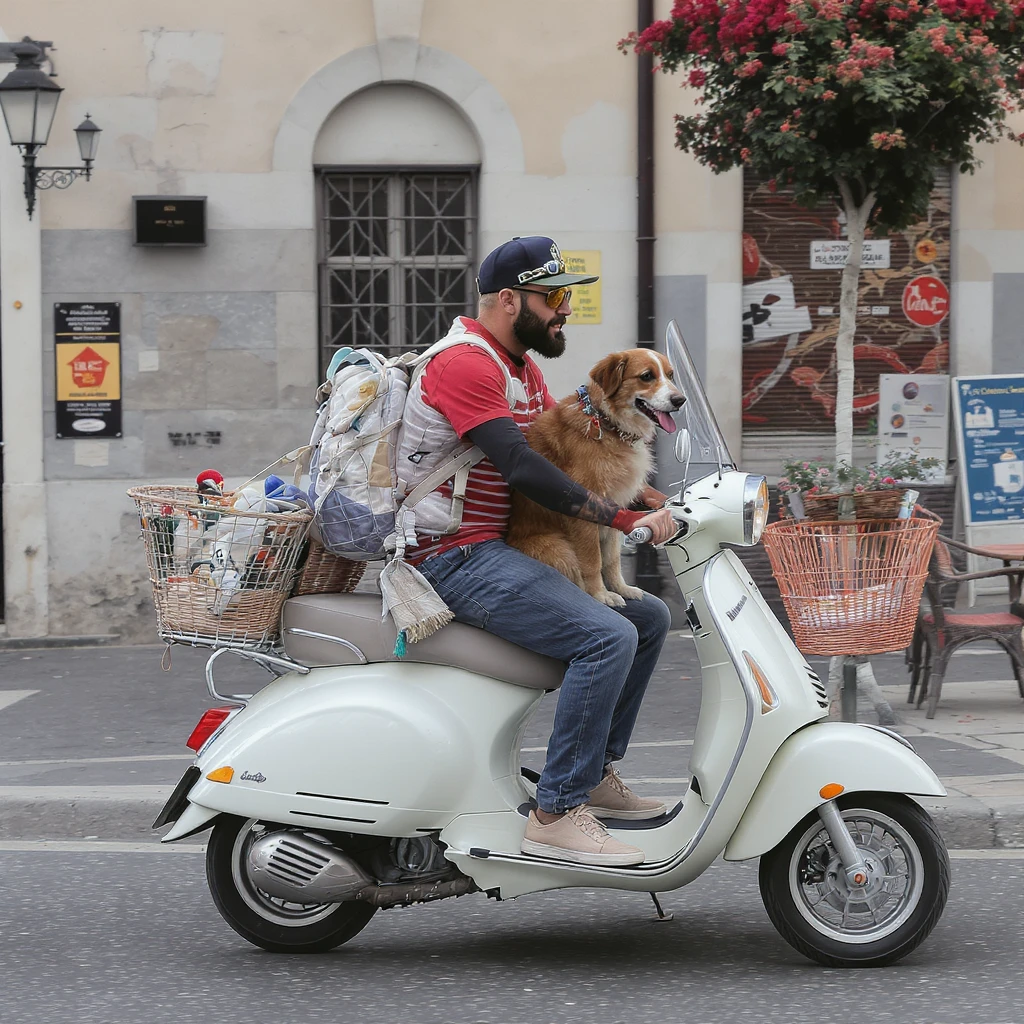 man and his pet dog riding a vespa emoji