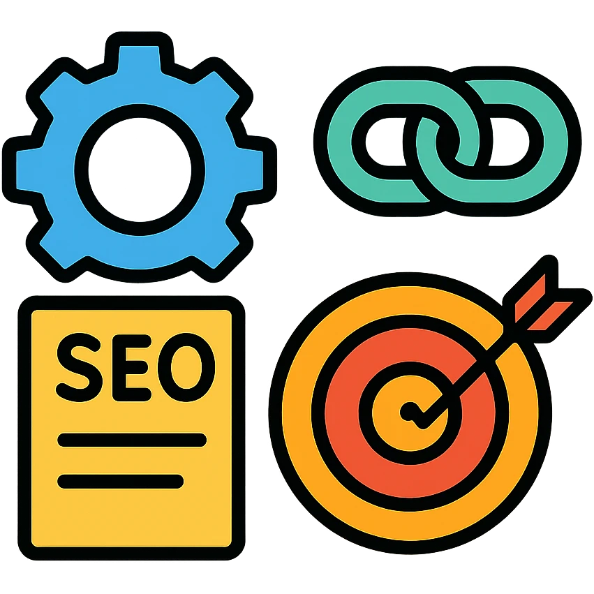 gear, link chain, report, target, modern clean style SEO tools emoji emoji