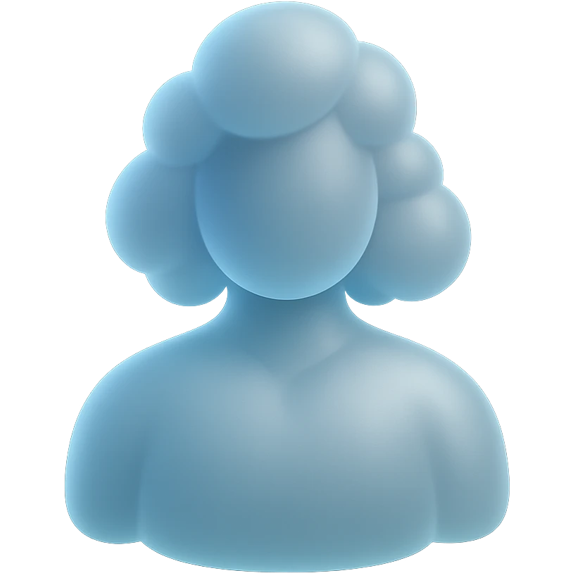 front view, person made of white convex clouds, shoulder length, matte glass style emoji