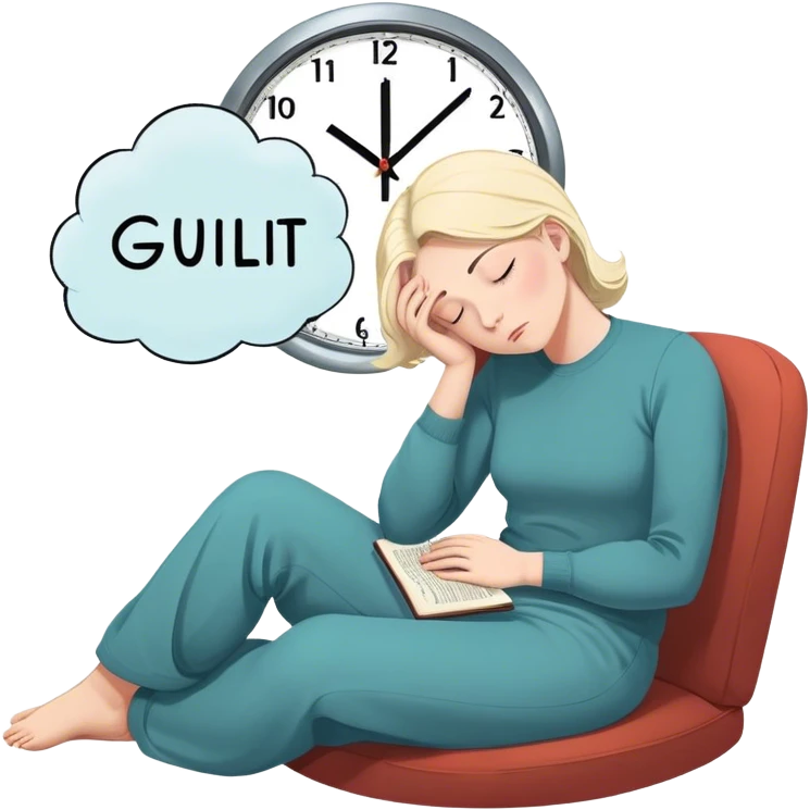 A person sits with their hands gently resting on their lap, eyes closed, exhaling slowly. Above them, a swirling thought bubble holds the words guilt and discomfort, but they don’t push it away—they just sit with it. In the background, a clock ticks softly, symbolizing the pause before responding. = emoji