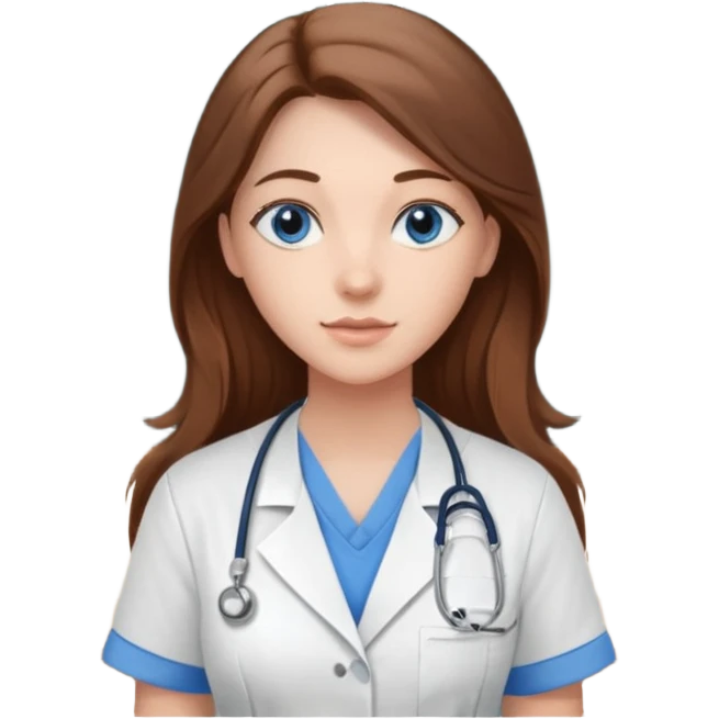 inside a classroom at university that says nursing school on the board with a pretty female nursing student with long brown hair, blue eyes emoji