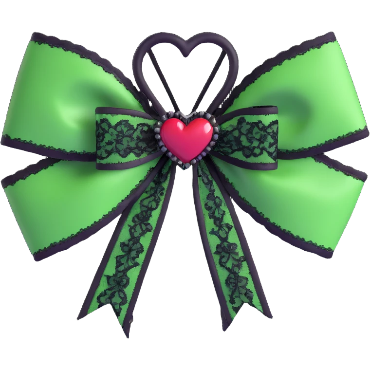 green gothic bow with black lace trim and heart charm, remove background emoji
