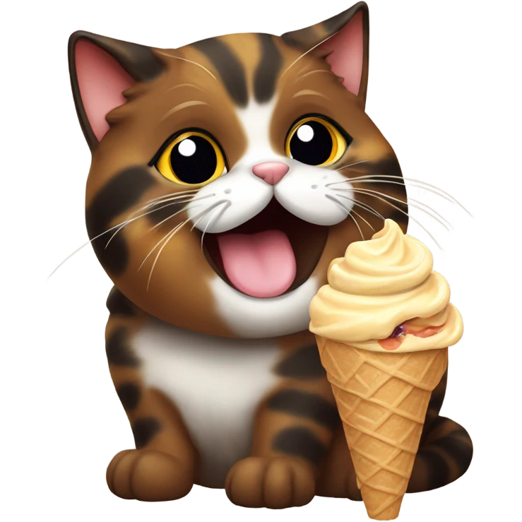 Cute fat tortoiseshell cat eating ice cream emoji