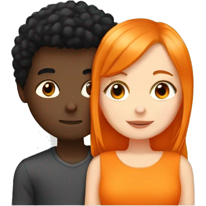 White girl with orange tall  hair kissing a boy with black hair and brown skin  emoji