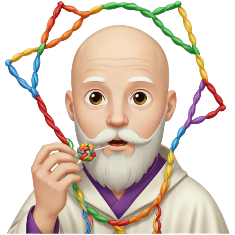 completely bald guy, with a long, white wizard beard tied down in a hair tie, eating a strand of dna emoji