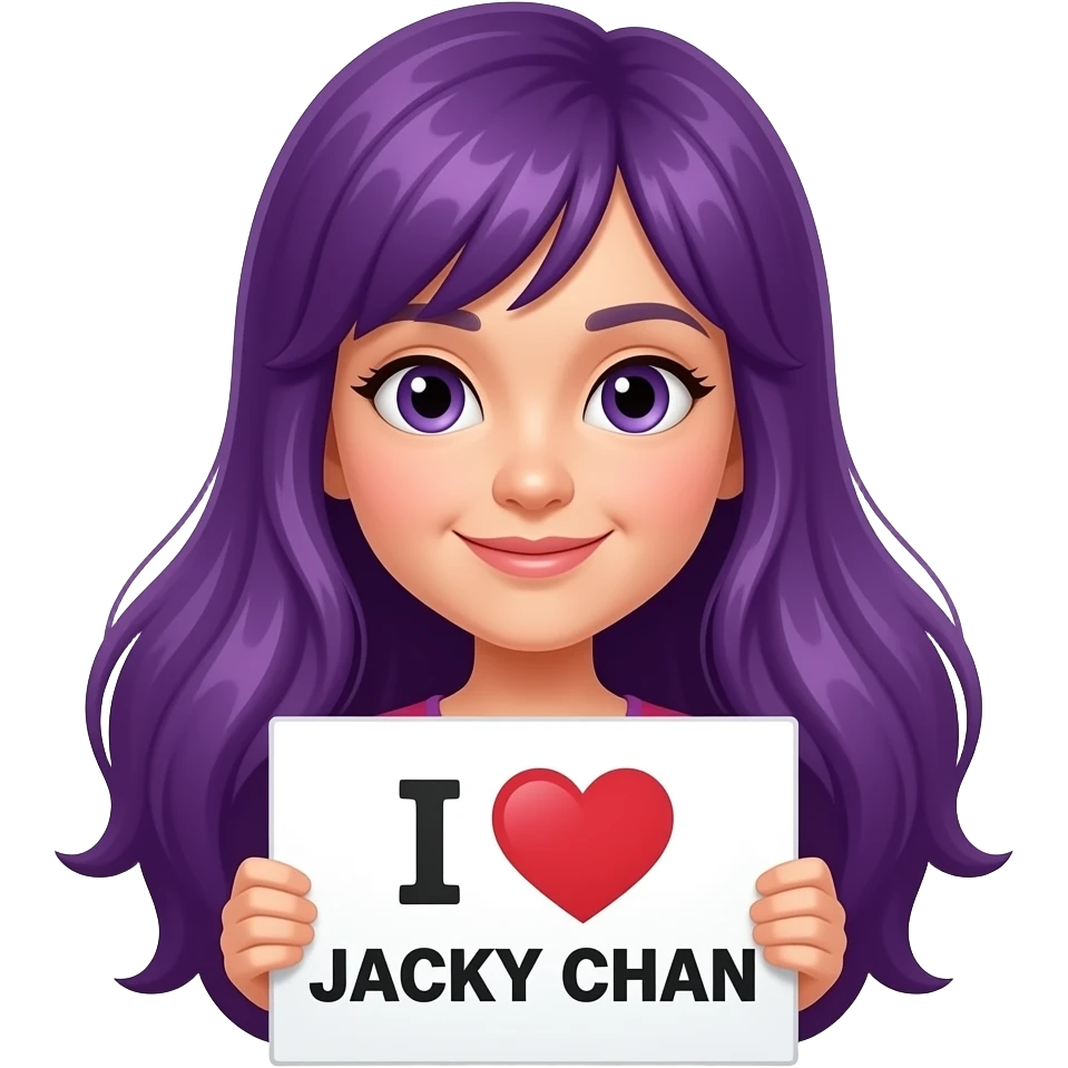 girl with long purple hair holding a I LOVE JACKY CHAN sign emoji