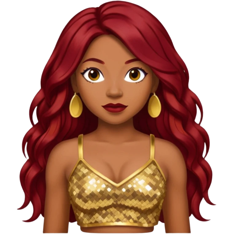 LaTavia Robeson with long dark red hair, gold sequin crop top  emoji