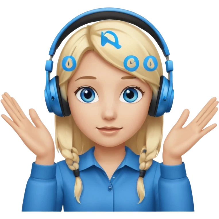 girl with blonde hair and blue eys with heands telling what, having heaphones on head emoji
