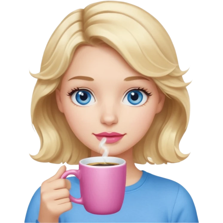 Girl Blonde short wavy hair,  blue eyes, cute blue top, long lashes, pink lips, holding white hot coffee mug emoji