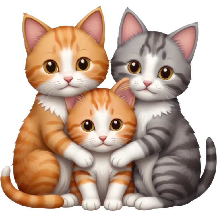 3 kittens cuddling together all different colours, the first one is grey and white, the second is ginger and white and the third is brown tabby and white emoji