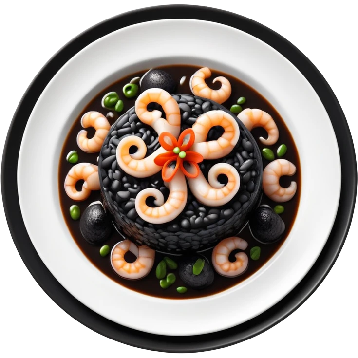 cinematic-realistic-black-risotto-dish-emoji,-showcasing-small squid pieces in black sauce -rendered-with-bold-textures-and-dynamic,-dramatic-lighting. emoji
