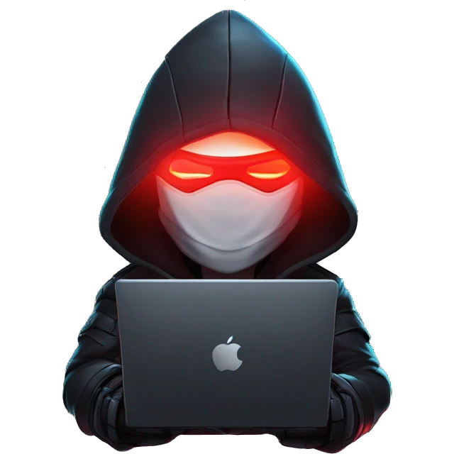developer behind his laptop with this style : crysis Cyberpunk Riot Games Valorant neon glowing bright red character red dark black hooded assassin themed character emoji