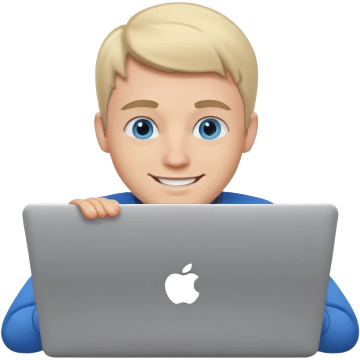 blue-eyed European guy working on a laptop, cheerful expression emoji emoji