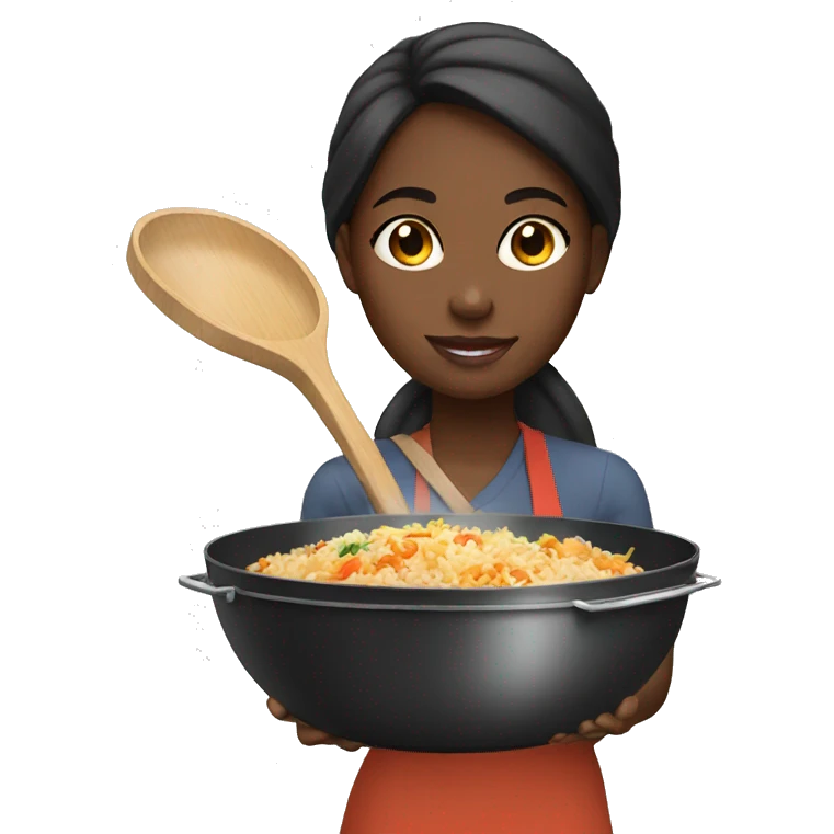 Black girl holding a wok that has fried rice in it emoji