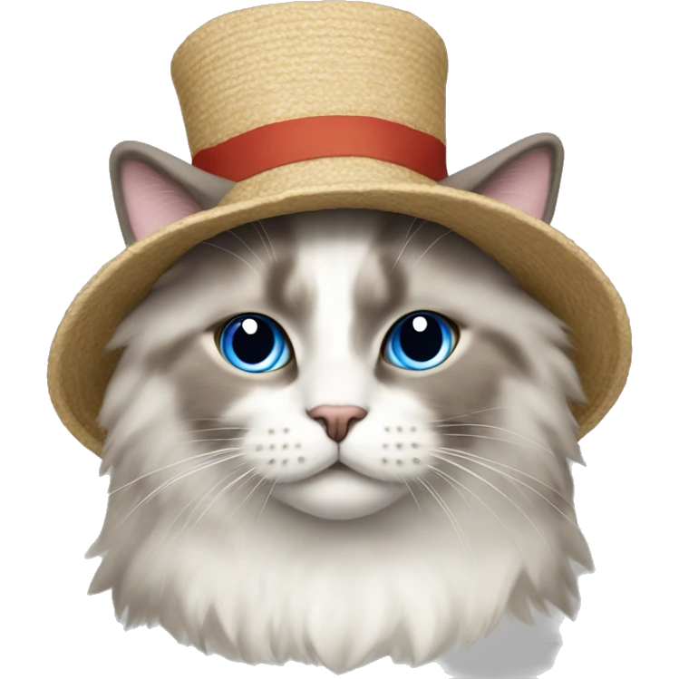 Ragdoll cat with a hat that says “Bongus” emoji