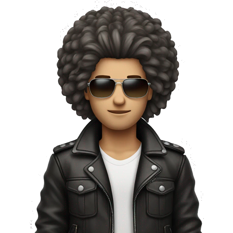 Big hair straight, white face colour, slender face, eyes look like as he’s high, cool leather jacket with cargo pants and accessories emoji